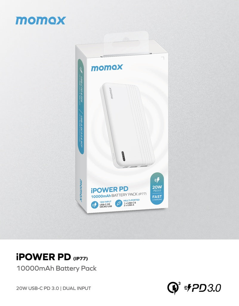 Momax iPower PD, 10000mAh Fast Charging External Battery Pack -  باور بانك موماكس اي بور بي دي بسعة 10000 مللي امبير داعم للشحن السريع عبر منفذي يو اس بي C و يو اس بي A