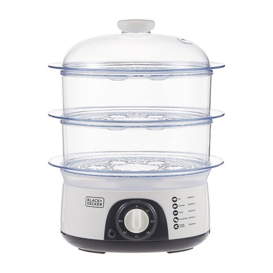 Black+Decker 10L Food Steamer 775W 3 Detachable Layer Timer - مقدمة طعام بالبخار بلاك أند ديكر 10 لتر 775 واط مع 3 طبقات قابلة للفصل