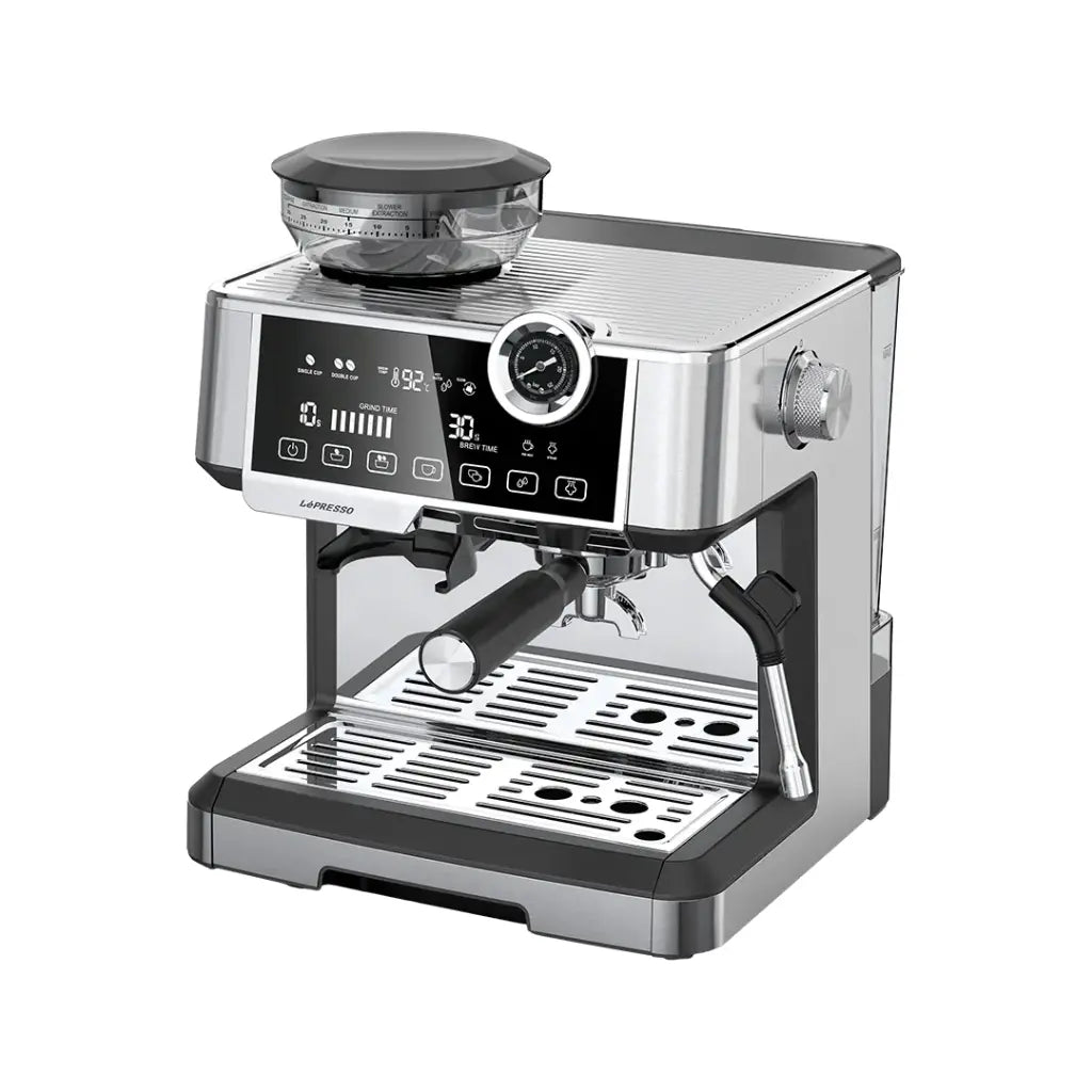 ماكينة القهوة المزدوجة ليبريسو مع مطحنة ومضخة ضغط 19 بار وسعة 2.8 لتر - فضي | LePresso Dual Boiler Coffee Machine with Grinder 19-bar ULKA Pump 2.8L - Silver