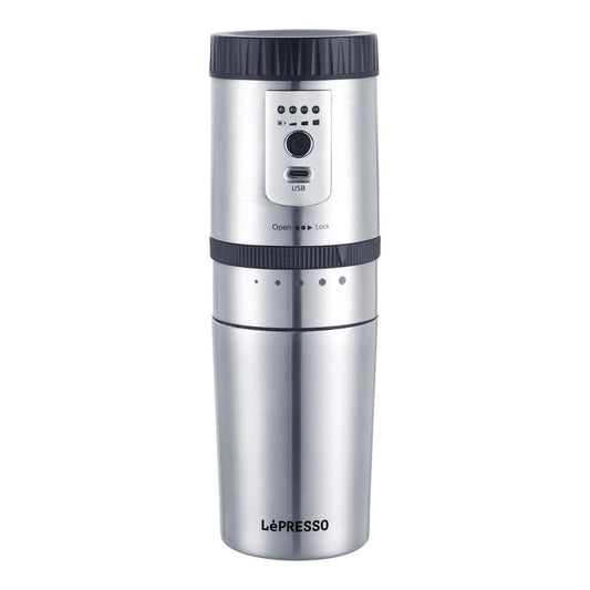 Lepresso Portable Mini Grinding and Coffee Maker With Stainless Steel Mug - ماكينة ليبريسو المحمولة لطحن وتحضير القهوة مع كوب من الستانلس ستيل