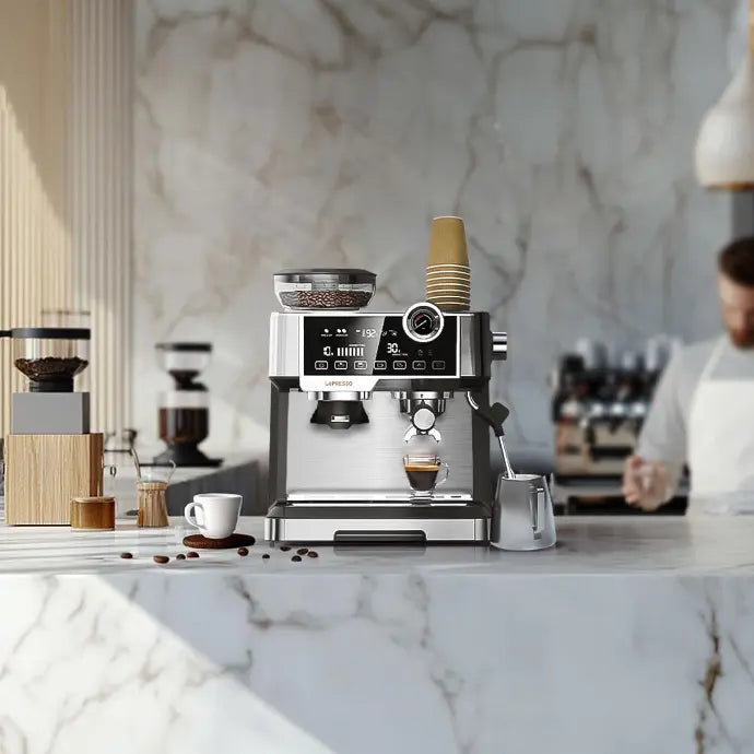 ماكينة القهوة ليبريسو مع مطحنة مدمجة وضغط 19 بار ومضخة ULKA, بسعة 2.5 لتر - فضي | LePresso Coffee Machine with Coffee Grinder 19 Bar ULKA Pump 2.5L - Silver