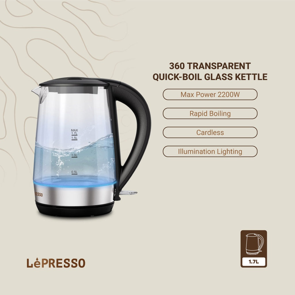 LePresso 360 Transparent Quick-Boil Glass Kettle 1.7L 2200W Black - غلاية ليبريسو الزجاجية الشفافة السريعة الغليان 360 درجة – 1.7 لتر، 2200 واط