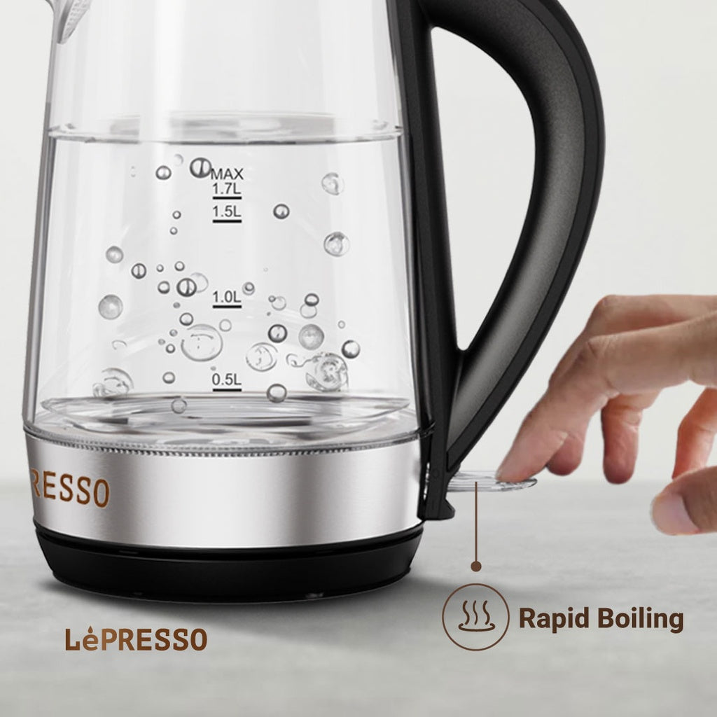 LePresso 360 Transparent Quick-Boil Glass Kettle 1.7L 2200W Black - غلاية ليبريسو الزجاجية الشفافة السريعة الغليان 360 درجة – 1.7 لتر، 2200 واط