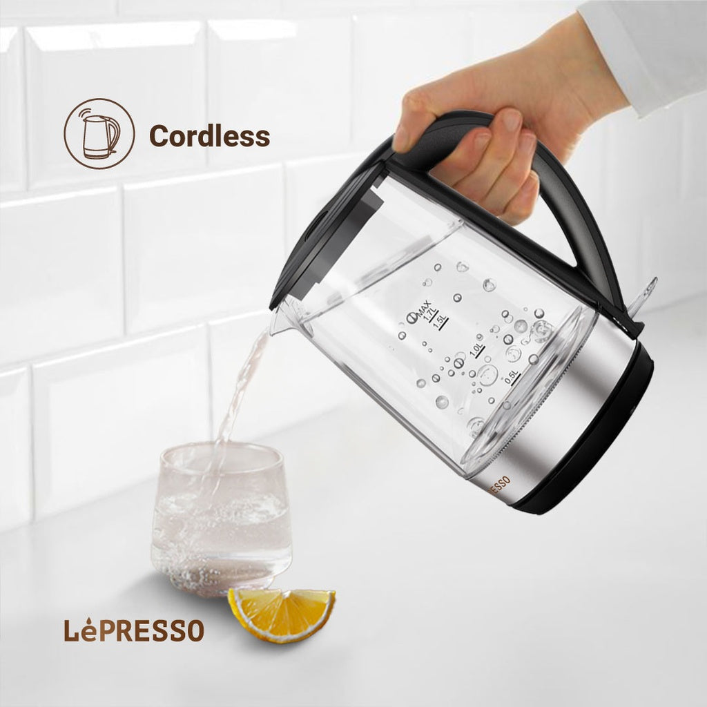 LePresso 360 Transparent Quick-Boil Glass Kettle 1.7L 2200W Black - غلاية ليبريسو الزجاجية الشفافة السريعة الغليان 360 درجة – 1.7 لتر، 2200 واط