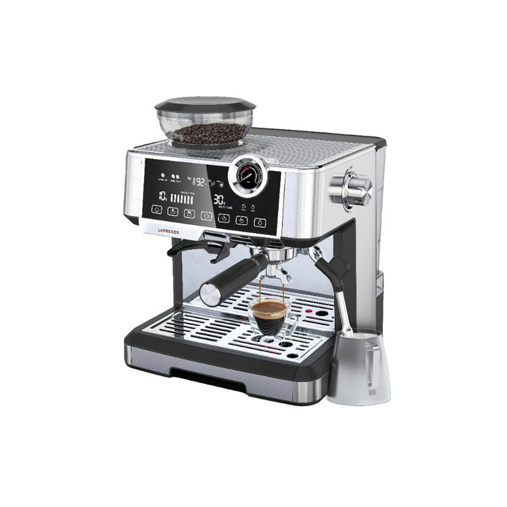 ماكينة القهوة ليبريسو مع مطحنة مدمجة وضغط 19 بار ومضخة ULKA, بسعة 2.5 لتر - فضي | LePresso Coffee Machine with Coffee Grinder 19 Bar ULKA Pump 2.5L - Silver