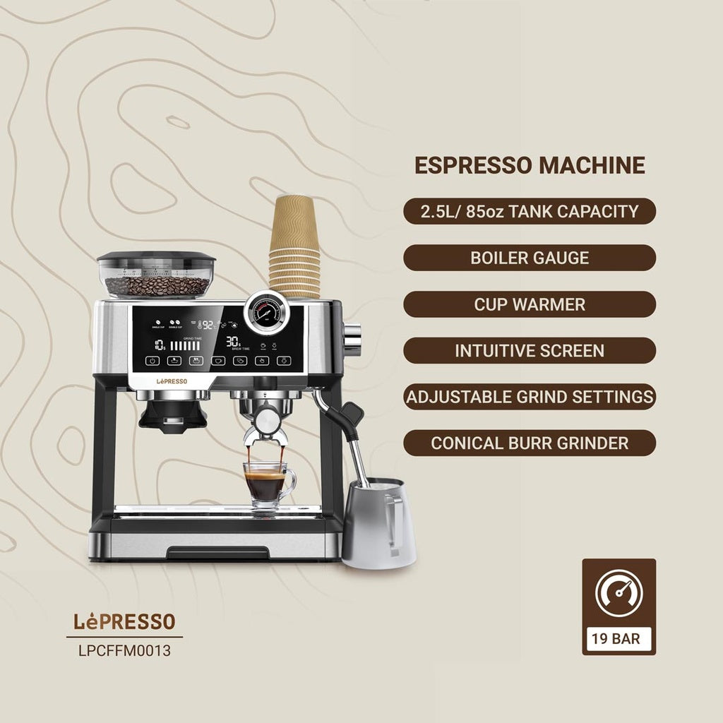 ماكينة القهوة ليبريسو مع مطحنة مدمجة وضغط 19 بار ومضخة ULKA, بسعة 2.5 لتر - فضي | LePresso Coffee Machine with Coffee Grinder 19 Bar ULKA Pump 2.5L - Silver