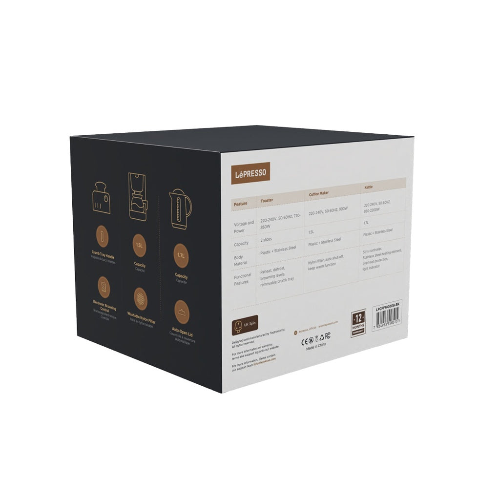 طقم الافطار من ليبريسو المتكون من محمصة شريحتين, غلاية سعة 1.7 لتر وصانعة قهوة بالتقطير - اسود | LePresso Breakfast Set 2 Slice Toaster, 1.7L Kettle and Drip Coffee Maker - Black