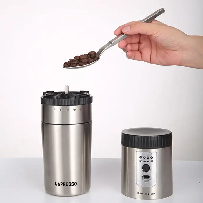 Lepresso Portable Mini Grinding and Coffee Maker With Stainless Steel Mug - ماكينة ليبريسو المحمولة لطحن وتحضير القهوة مع كوب من الستانلس ستيل