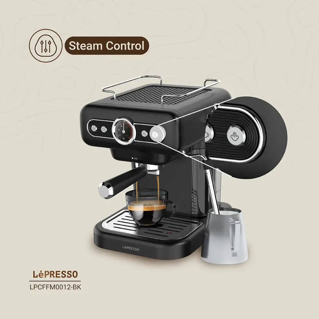 Makîneya Qehweya Espresso ya Retro ya LePresso bi Pîvana Zextê û Buharkera Şîr - Reş