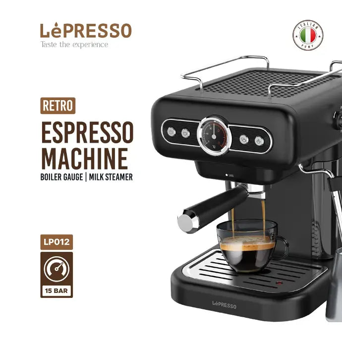 Makîneya Qehweya Espresso ya Retro ya LePresso bi Pîvana Zextê û Buharkera Şîr - Reş