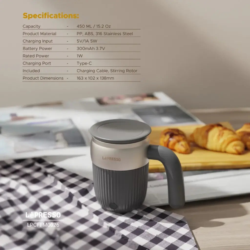 Lepresso Auto Magnetic Stirring Mug 450mL Gray - كوب التحريك المغناطيسي التلقائي من ليبرسو، سعة 450 مل