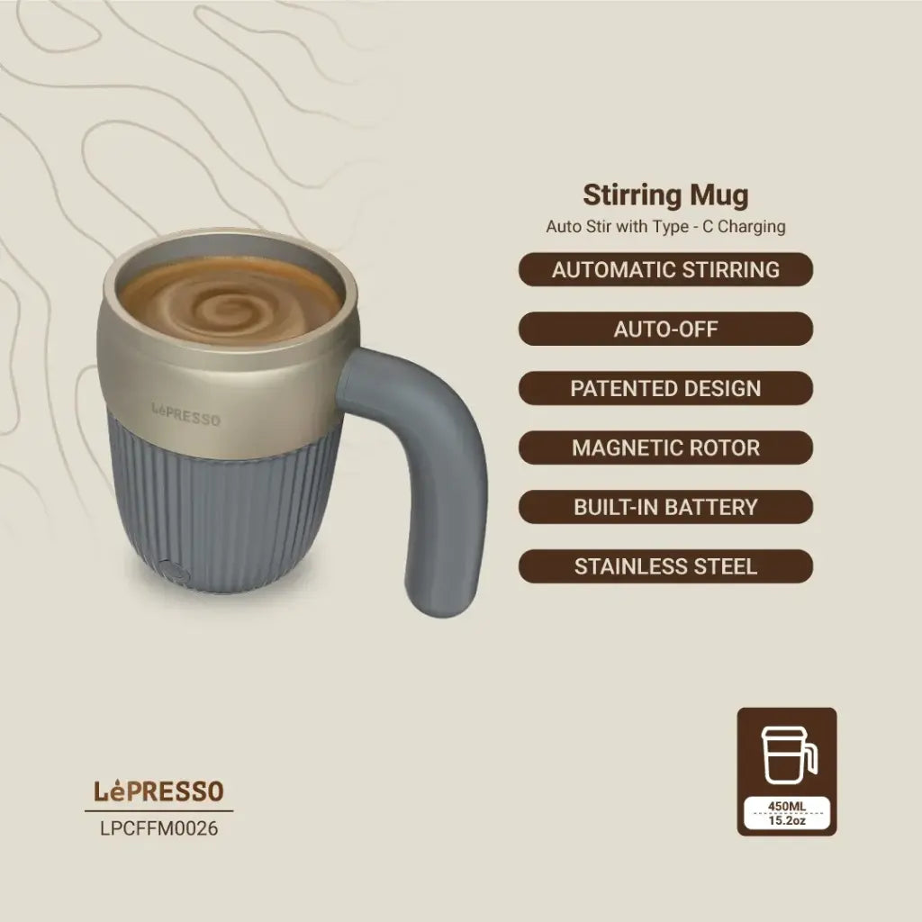 Lepresso Auto Magnetic Stirring Mug 450mL Gray - كوب التحريك المغناطيسي التلقائي من ليبرسو، سعة 450 مل