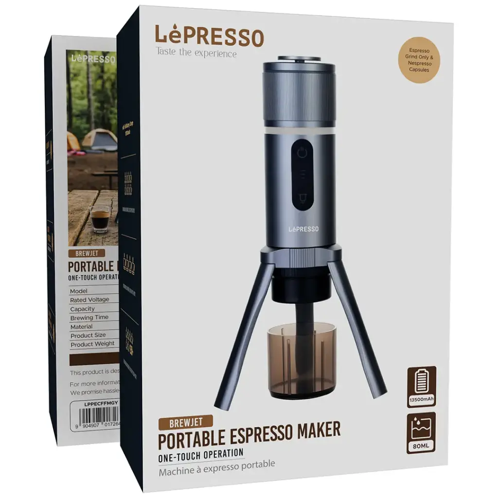 ماكينة الاسبريسو المحمولة ليبريسو بروجيت بخاصية التشغيل بلمسة واحدة - رمادي | LePresso Brewjet Portable Espresso Maker One-Touch Operation - Grey
