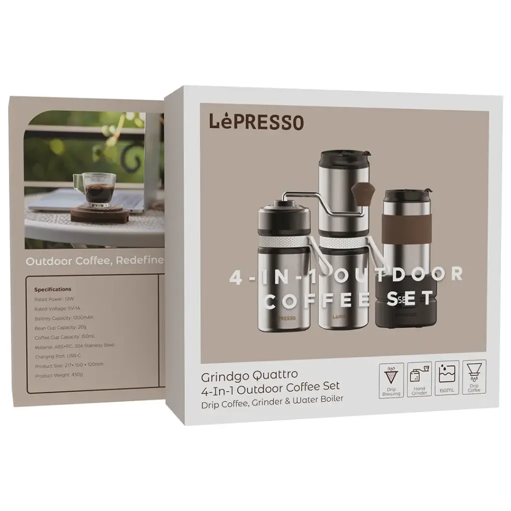 طقم ليبريسو جرايندو كواترو 4 في 1 لتحضير القهوة في الهواء الطلق - فضي | LePresso Grindo Quattro 4-in-1 Outdoor Coffee Set - Silver