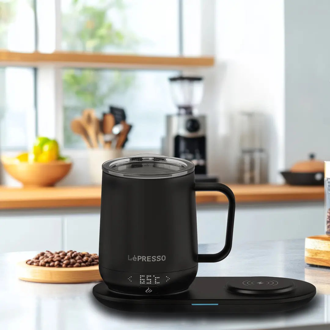 كوب ليبريسو الذكي لتسخين المشروبات بسعة 355 مل مع قاعدة شحن لاسلكية - اسود | LePresso Heated Mug 12oz with Wireless Charging Pad - Black