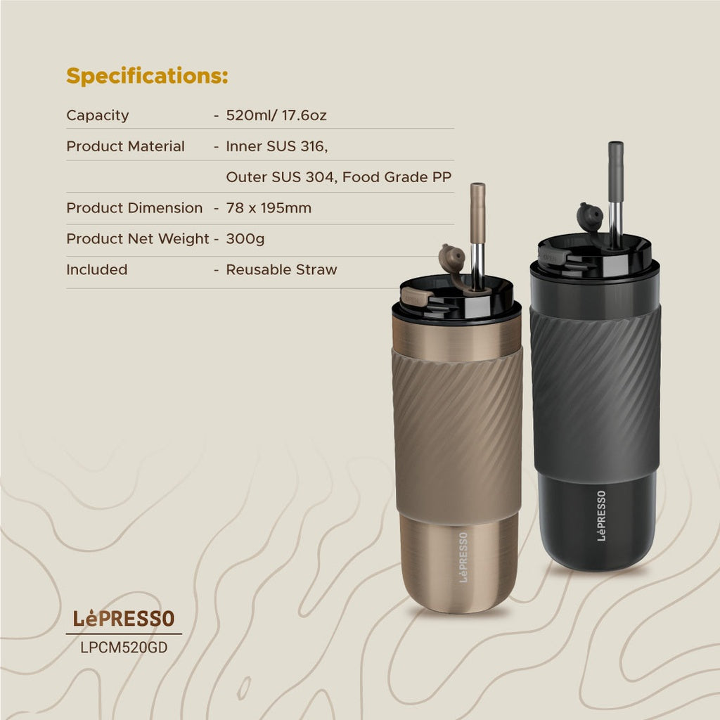 Lepresso Coffee Mug with Sleeve and Straw 520ml - كوب ليبرسو الحراري بفلتر تنقيع سعة 520 مل
