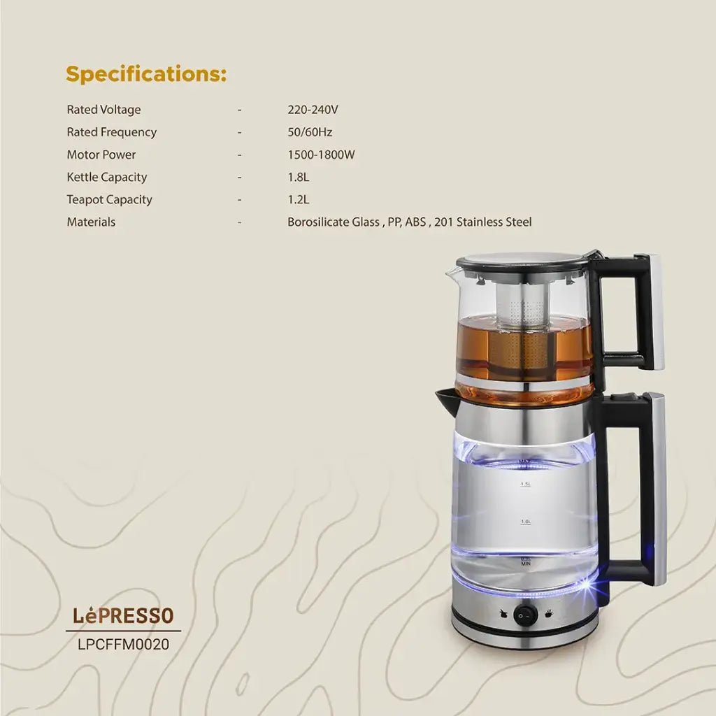 LePresso 1.8L  Electric Kettle  with 1.2L Turkish Tea Maker - غلاية وشاي تركي ليبريسو 1.8لتر تصميم أنيق وأداء عالي