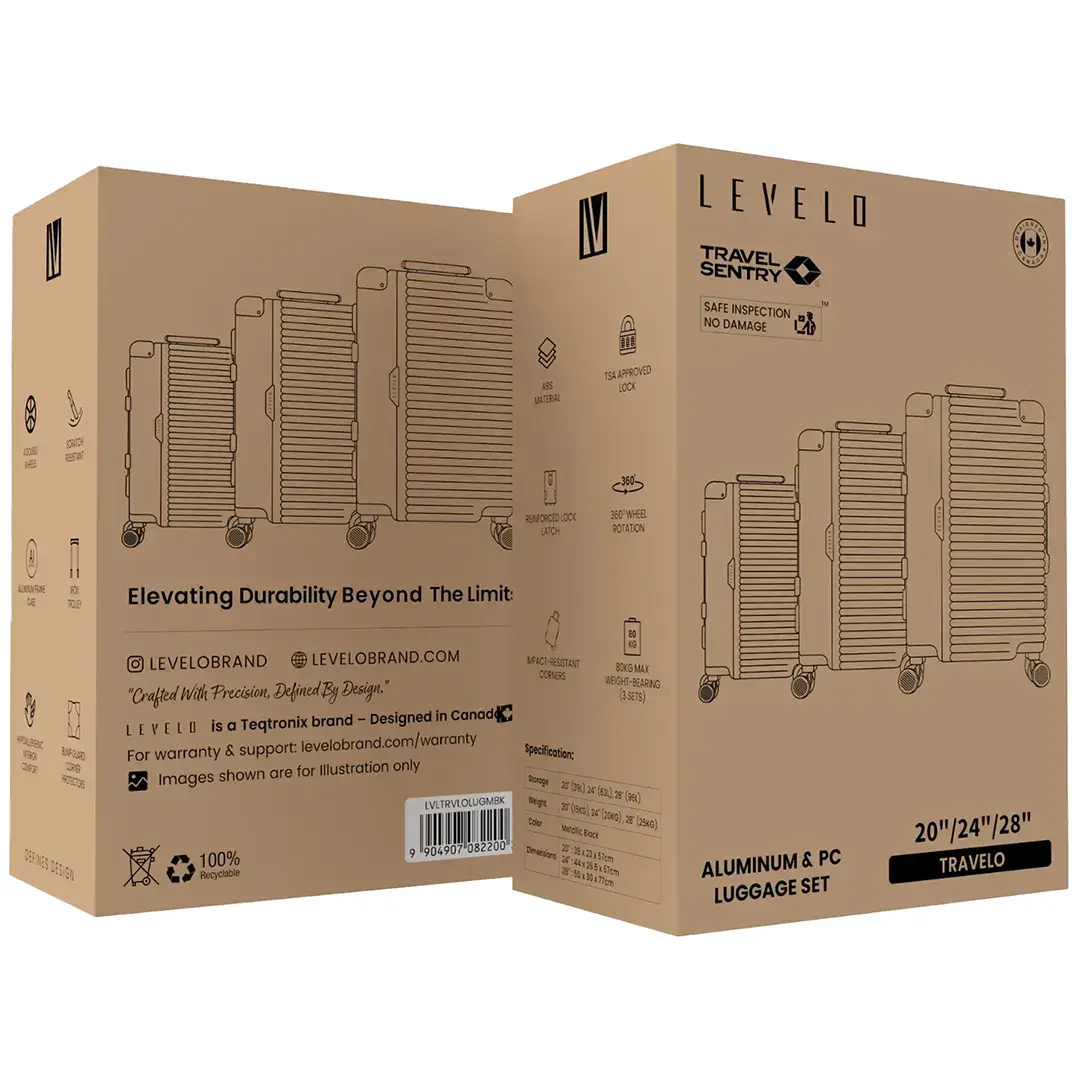 طقم حقائب سفر ليفيلو Travelo من الالمنيوم و PC - اسود معدني | Levelo Travelo Aluminum & PC Luggage Set – Metallic Black