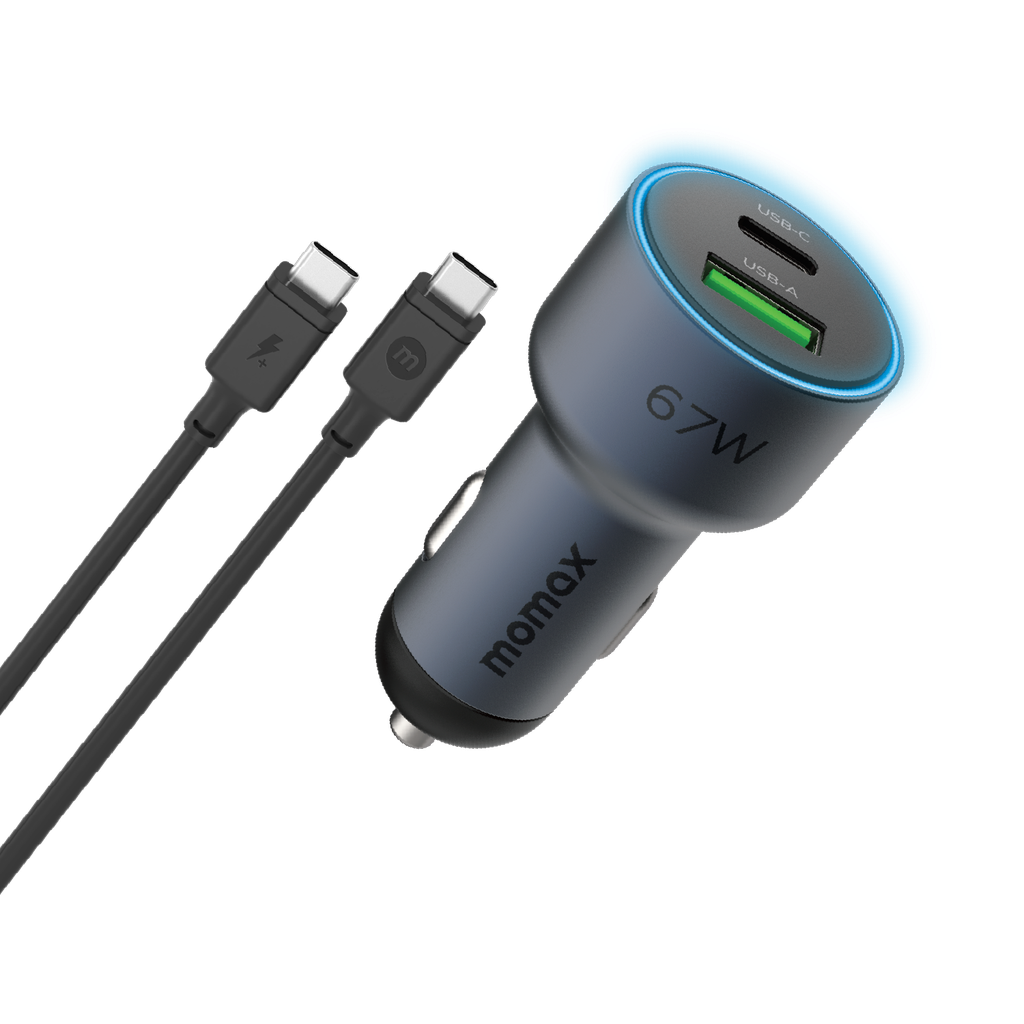 Momax Move 67W Dual Port Car Charger With Cable Type-C to Type-C   - شاحن سيارة بقدرة 67واط بمنفذين وكيبل تايب سي من موماكس