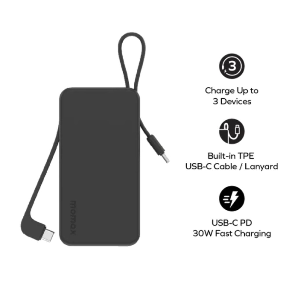 Momax Power Vital+ 10000mAh Battery Pack with Dual Built-in USB-C Cables and Fast Charging - باور بانك موماكس بور فايتل بلس بسعة 10000 مللي امبير مع كابلين USB-C مدمجين تدعم الشحن السريع