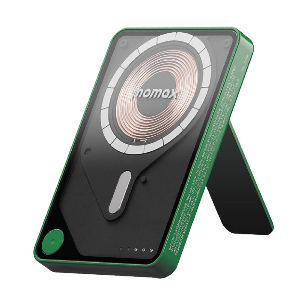 Momax Power X Pro 5000mAh Magnetic Wireless Battery Pack with Stand & Built-in USB-C Cable | MagSafe Compatible - باور بانك موماكس بور اكس برو مغناطيسي لاسلكي بسعة 5000 مللي امبير مع مسند وكيبل USB-C مدمج, متوافق مع ماج سيف