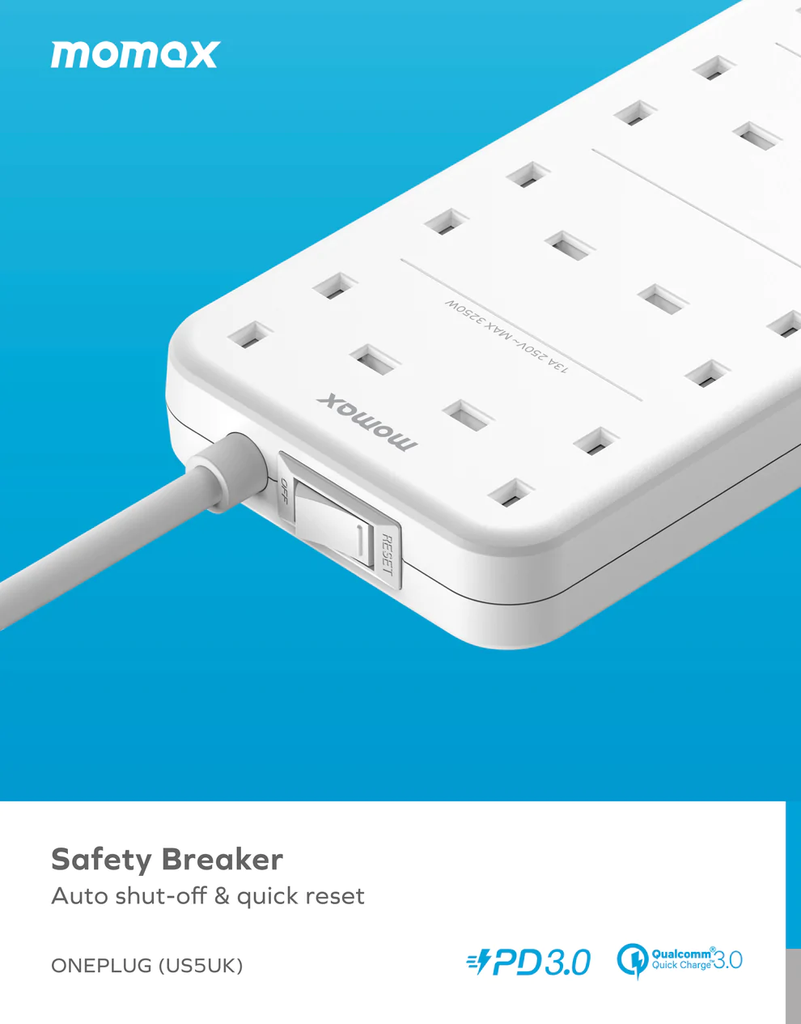 Momax ONEPLUG 8-Outlet Power Strip with USB Ports - مشترك كهربائي موماكس وان بلاج بـ8 منافذ طاقة ومنافذ USB