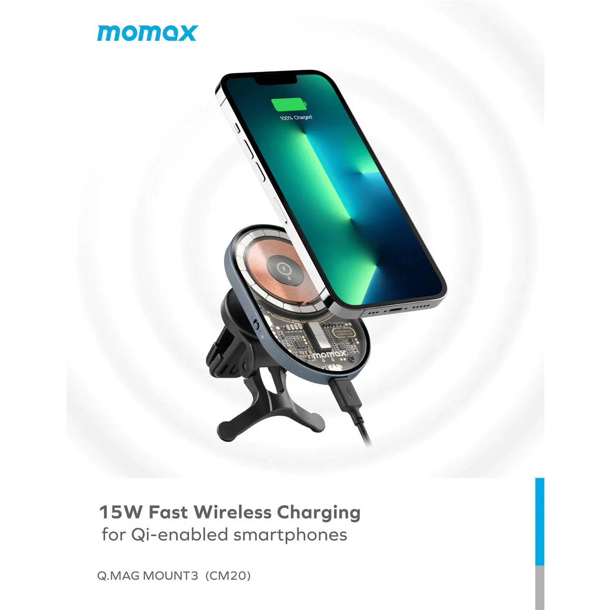 Momax Q.Mag Mount 3 15W Magnetic Wireless Charging Car Mount - حامل هاتف مغناطيسي للسيارة مع شحن لاسلكي سريع 15 واط