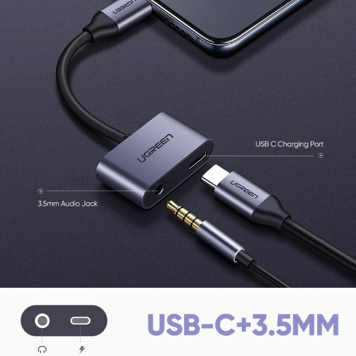 محول يو جرين يو اس بي سي الى منفذ صوت 3.5 ملم ومنفذ شحن تايب سي | Ugreen USB-C to 3.5mm AUX + USB-C Adapter