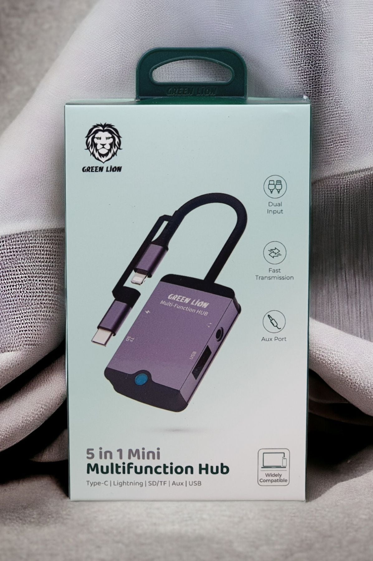 محول جرين لايون 5 في 1 متعدد الوظائف | Green Lion 5 in 1 Mini MultiFunction Hub ( Type-C/Lightning/SD/TF/AUX/USB )