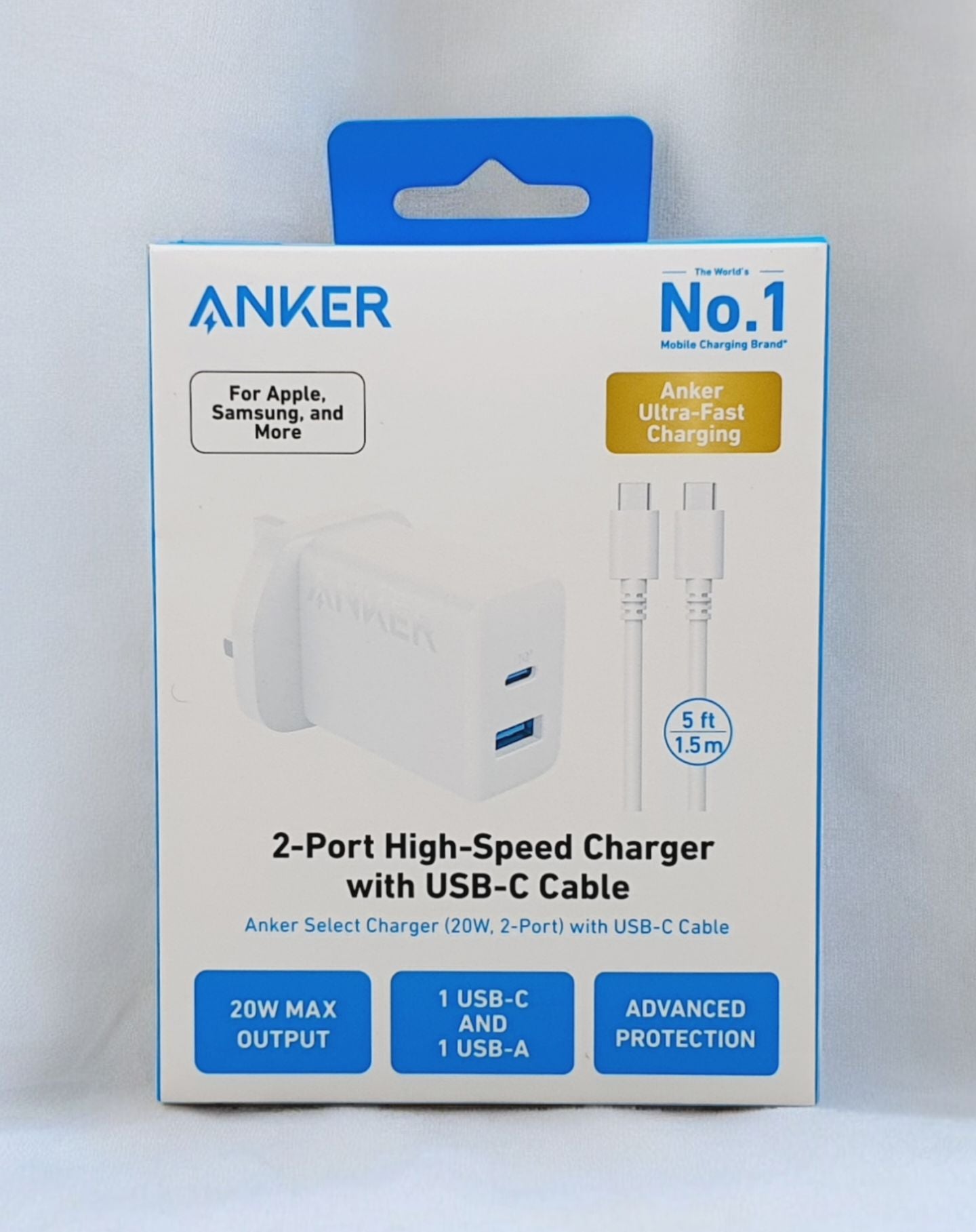 Anker 20W Dual Port Fast Charger with USB-C - USB-C Cable –شاحن أنكر سريع 20 واط مزدوج المنافذ + كيبل USB-C الى USB-C بطول 1.5م
