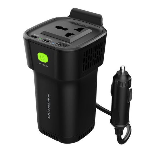 محول السيارة باورولوجي بقدرة 150 واط مع مخرج AC و 2 تايب سي و يو اس بي اي - اسود | Powerology 150W Inverter AC Universal USB A 2*Type-C DC Car 12V 10A - Black.