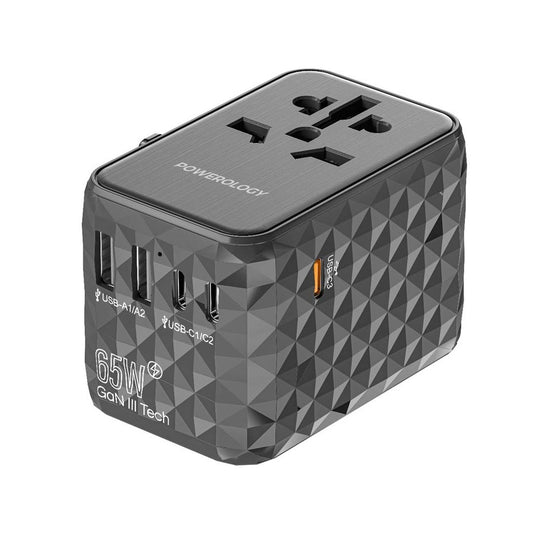 شاحن السفر العالمي من باورولوجي بقدرة 65 واط, 3 منافذ تايب سي ومنفذين تايب اي - رمادي | Powerology Universal Multi-Port Travel Adapter PD 65W.