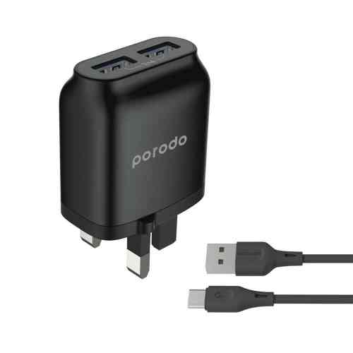 شاحن جداري ثنائي المنافذ بقدرة 2.4A مع كيبل تايب سي بطول 1.2 متر - اسود | Porodo Dual USB Wall Charger 2.4A with Improved Version PVC Type-C Cable 1.2m – Black