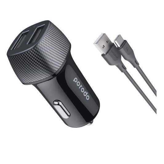 شاحن سيارة ثنائي المنافذ من بورودو مع كيبل تايب سي بطول 0.9 متر - اسود | Porodo Dual Port Car Charger 3.4A with 0.9M Type-C Cable – Black