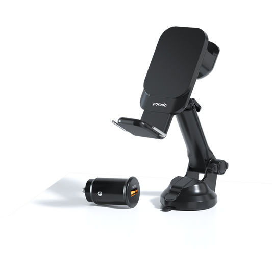 بورودو حامل هاتف للسيارة 3 في 1 مع شاحن ماج سيف - اسود | Porodo 3 in 1 MagSafe Car Mount with QC3.0 Car Charger - Black