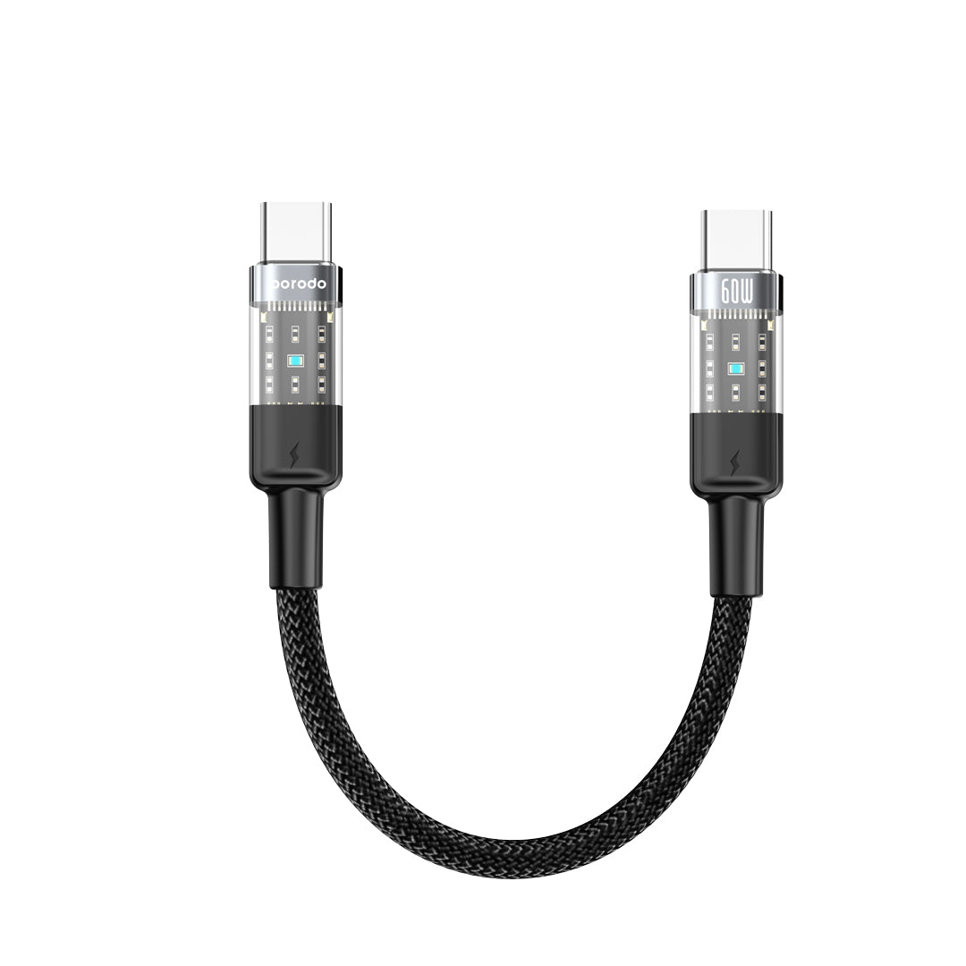 كيبل بورودو مضفر يو اس بي سي الى يو اس بي سي بطول 35 سم, شحن سريع 60 واط | Porodo Braided 60W PD C to C Fast Charging Cable with Transparent Head 35cm.