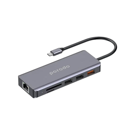 موزع يو اس بي سي بورودو 9 في 1, متعدد المنافذ مع PD بقدرة 100 واط و منفذ HDMI وايثرنت - رمادي | Porodo 9-in-1 USB-C Hub with PD 100W, HDMI, Ethernet, USB, SD, and 3.5mm Aux – Grey
