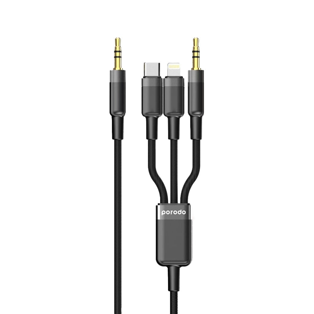 كيبل بورودو 3 في 1 AUX 3.5mm الى لايتننغ و تايب سي و 3.5mm بطول 1.2 متر - اسود | Porodo 3in1 Aux 3.5 to 3.5 + Type-C + Lightning Cable 1.2M - Black