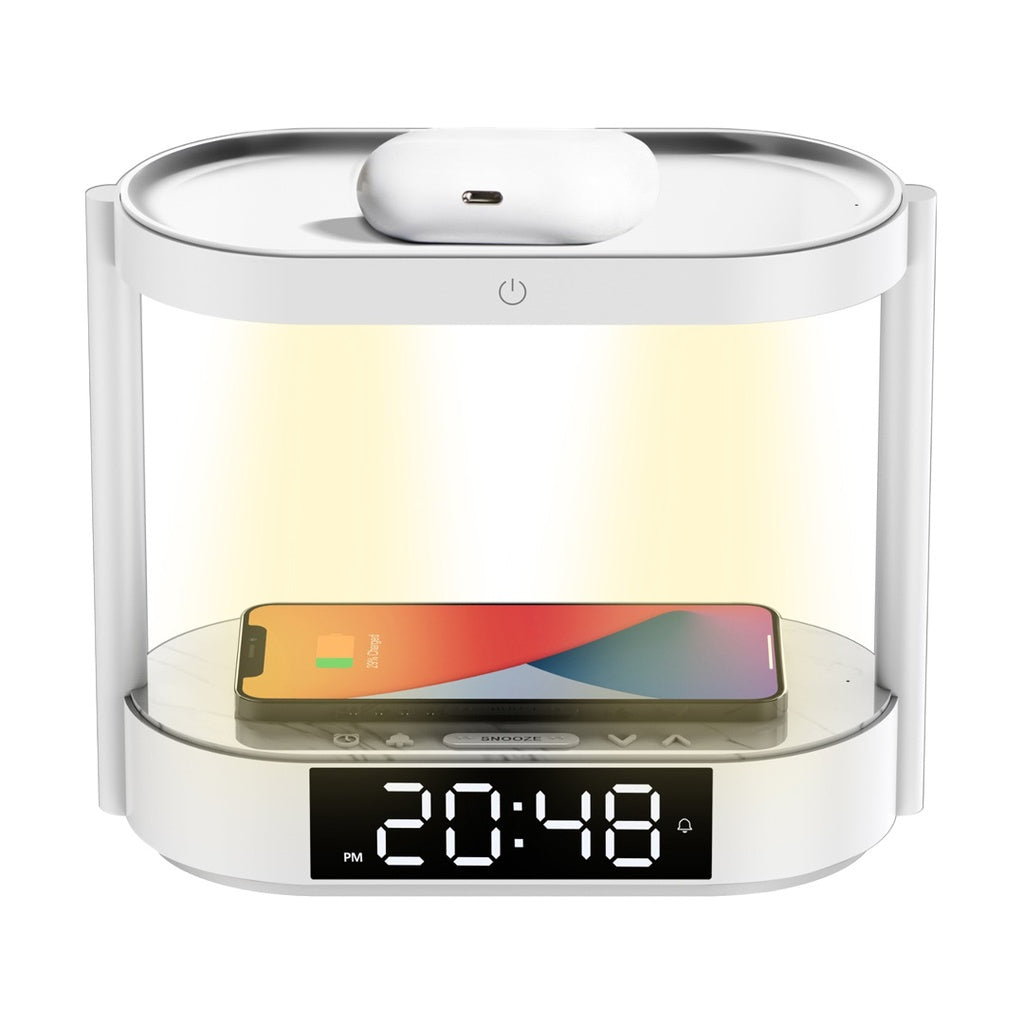 بورودو مصباح جانبي مع شاحن لاسلكي وساعة رقمية - ابيض | Porodo Bedside Light with Wireless Charger and Digital Clock - White