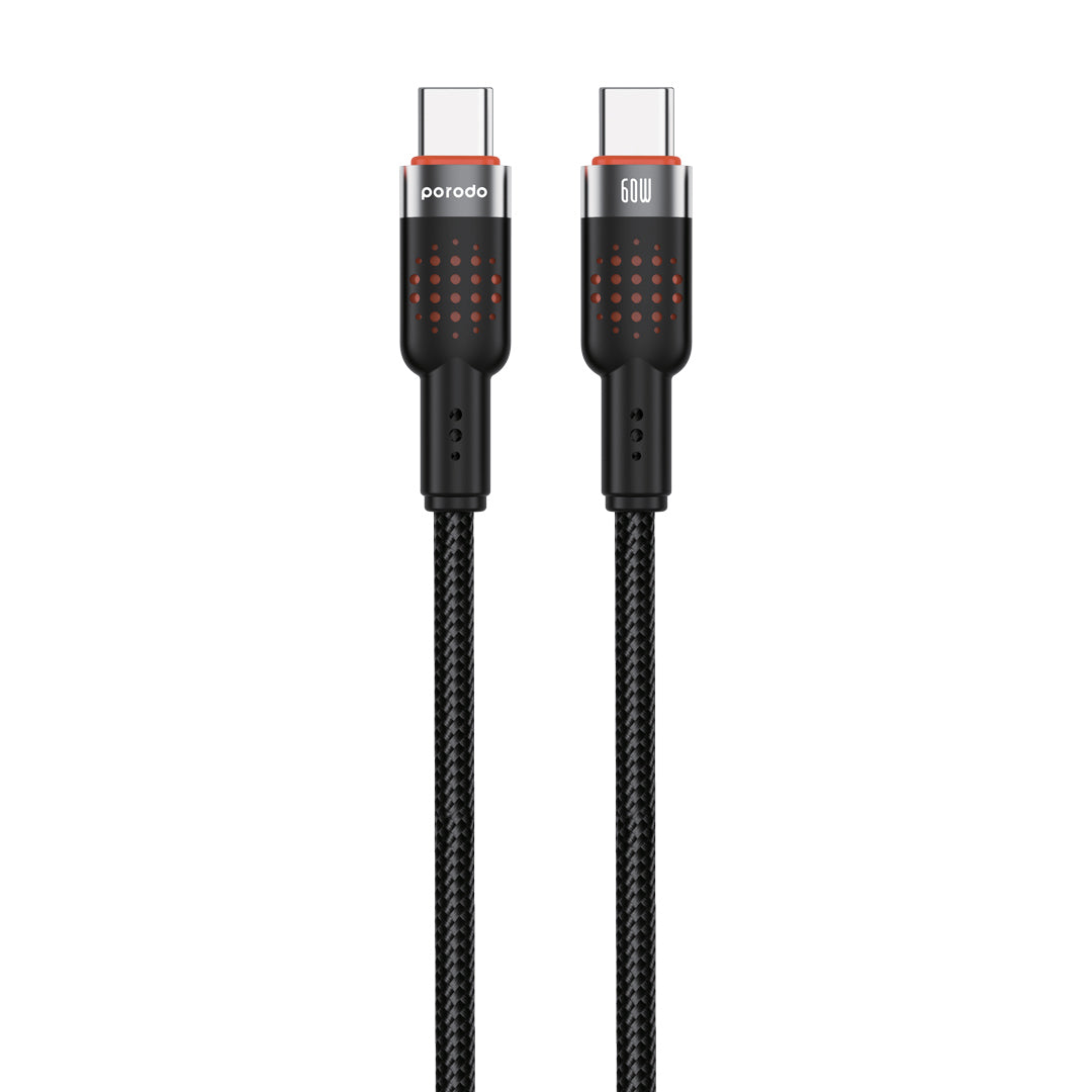 كيبل بورودو مضفر من الالمنيوم يو اس بي سي الى يو اس بي سي بطول 1.2 متر, شحن سريع 60 واط | Porodo Alum. Alloy Braided Cable Type-C to C 60W 1.2m