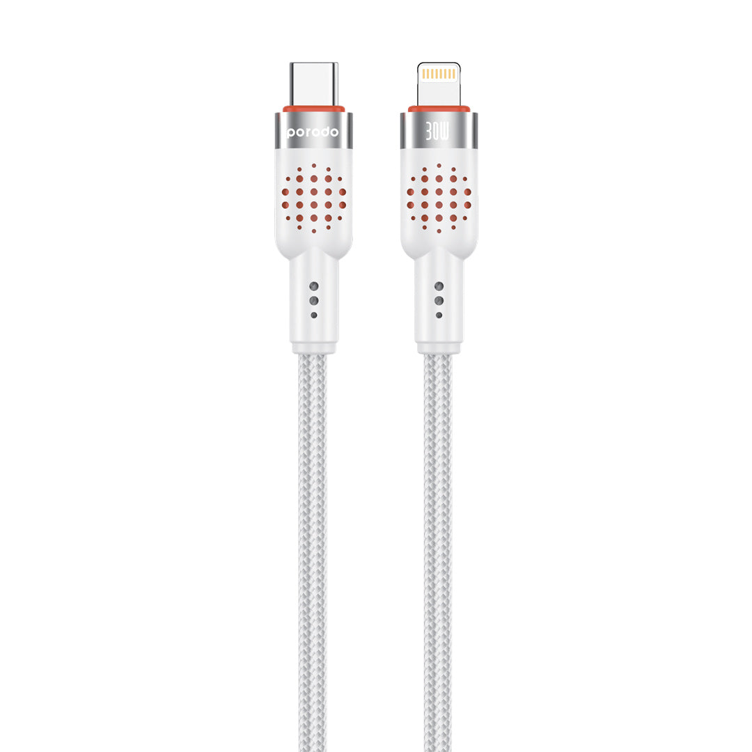 كيبل بورودو مضفر المنيوم يو اس بي سي الى لايتننغ بطول 1.2 متر, شحن سريع 30 واط | Porodo Alum. Alloy Braided Cable Type-C to Lightning 30W 1.2m.
