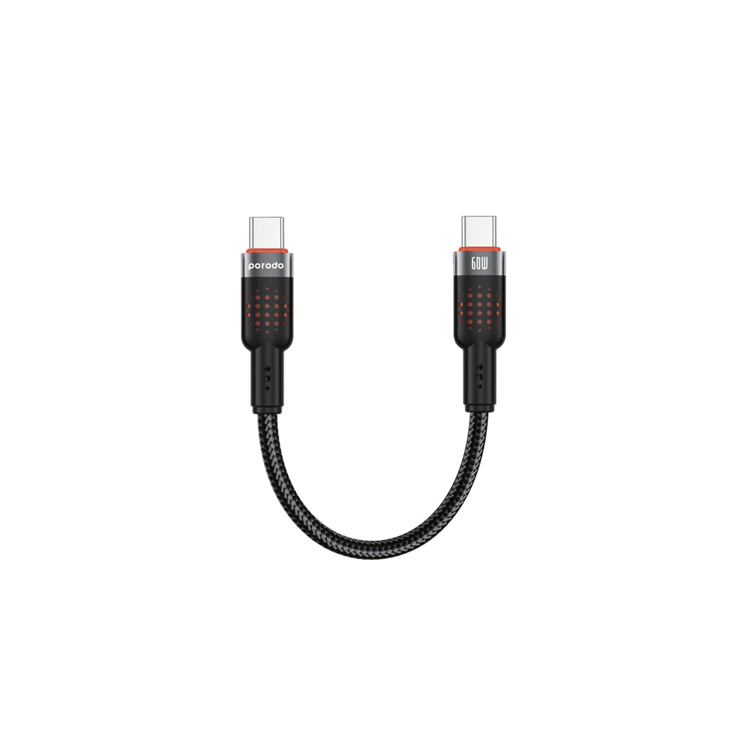 كيبل بورودو مضفر يو اس بي سي الى يو اس بي سي بطول 25 سم, شحن سريع 60 واط | Porodo Alum. Alloy Braided Cable Type-C to C 60W 25cm – Fast Charging.