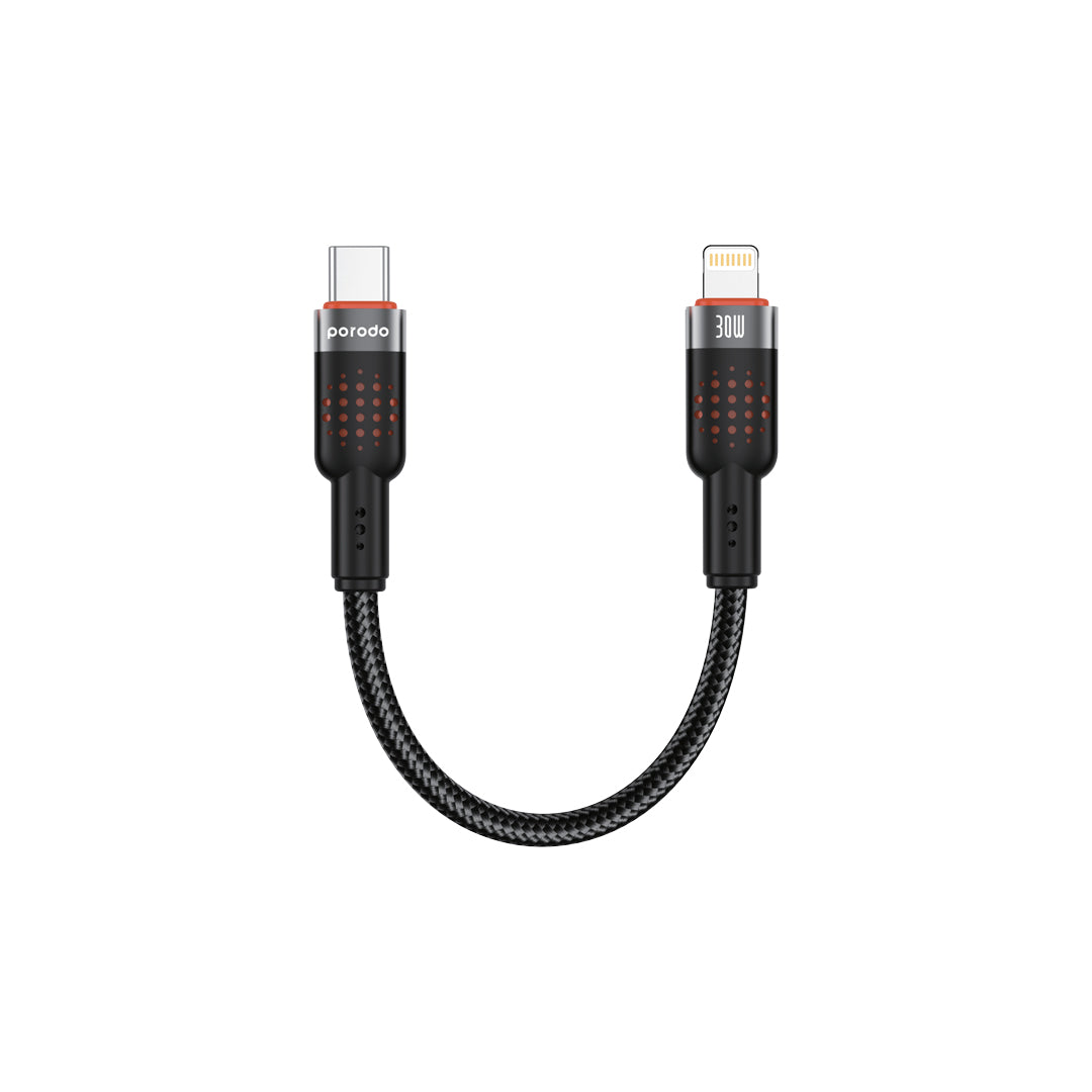 كيبل بورودو مضفر يو اس بي سي الى لايتننغ بطول 25 سم, شحن سريع 30 واط | Porodo Alum. Alloy Braided Cable Type-C to Lightning 30W 25cm.