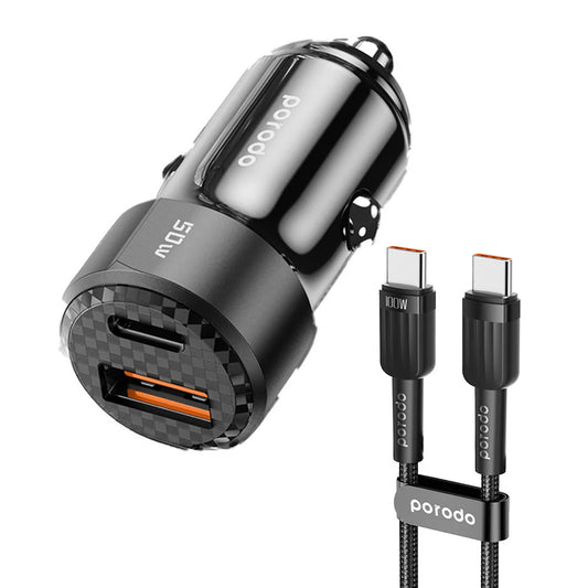 شاحن سيارة ثنائي المنفذ بقدرة 50 واط مع كيبل يو اس بي سي الى يو اس بي سي - اسود | Porodo 50W Dual Port Car Charger PD 20W QC 30W with C to C Cable – Black