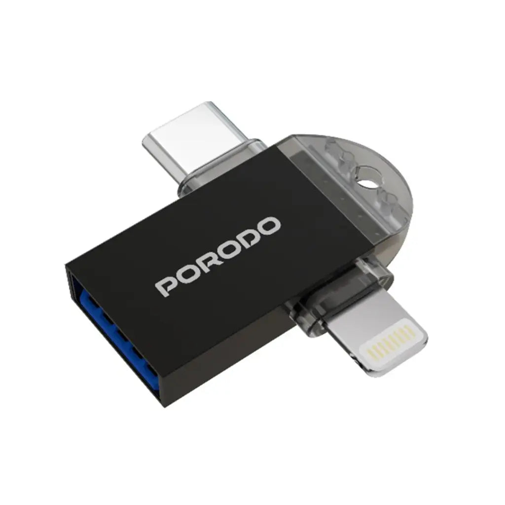 محول OTG من بورودو 3 في 1 - اسود | Porodo 3-in-1 OTG Adapter - Black.