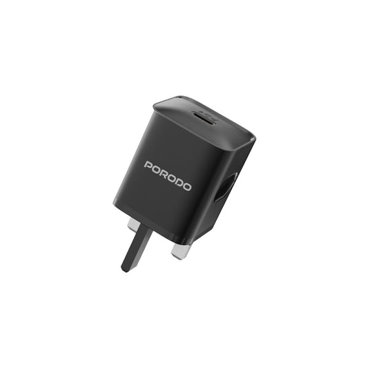بورودو شاحن PD بقدرة 20 واط مع كيبل يو اس بي سي الى لايتننغ - اسود | Porodo PD20W UK Charger with Type-C to Lightning Cable - Black