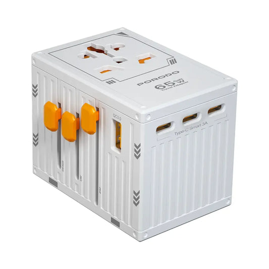 بورودو شاحن سفر عالمي GaN بقدرة شحن 65 واط - ابيض | Porodo PD65W Universal Travel Adapter Charger with GaN Technology – White.