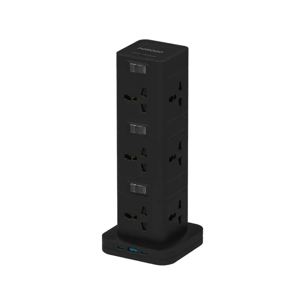 بورودو برج طاقة 12 منفذ مع USB-C PD و QC 3.0 , كيبل بطول 3 متر - اسود | Porodo PD20W QC 3.0 1A + 2 Type C Socket Tower 3M - Black