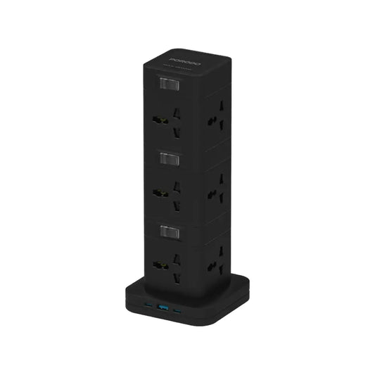 بورودو برج طاقة 12 منفذ مع USB-C PD و QC 3.0 , كيبل بطول 3 متر - اسود | Porodo PD20W QC 3.0 1A + 2 Type C Socket Tower 3M - Black