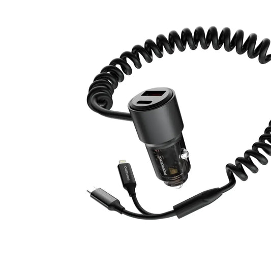 شاحن سيارة شفاف 95 واط من بورودو, مع كيبل ملفوف بطول 1.5 متر - اسود | Porodo 95W Car Charger Transparent with Coiled Cable - Black
